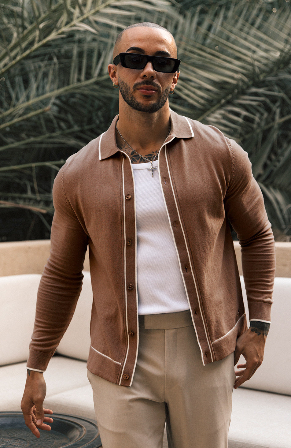 Luciano Long Sleeve Slim Knit Shirt in Rust - Main Image