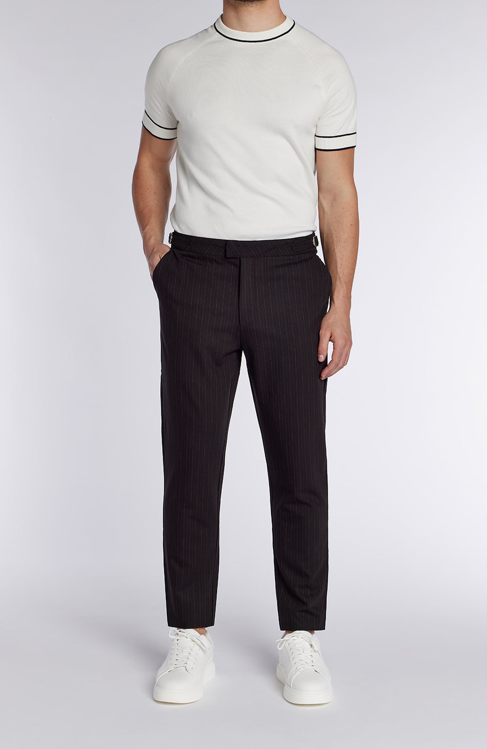 Savile Slim Pinstripe Chino Trousers in Black