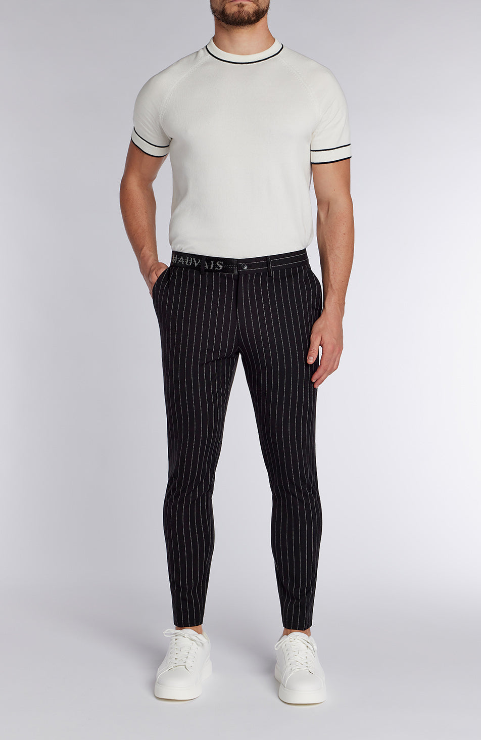 Signature Half Belt Trousers in Black Pinstripe