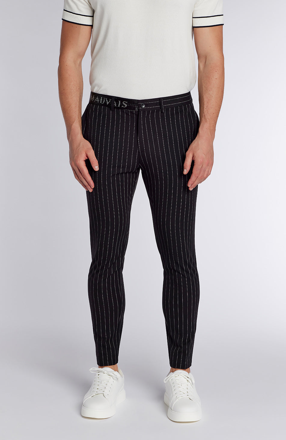 Signature Half Belt Trousers in Black Pinstripe