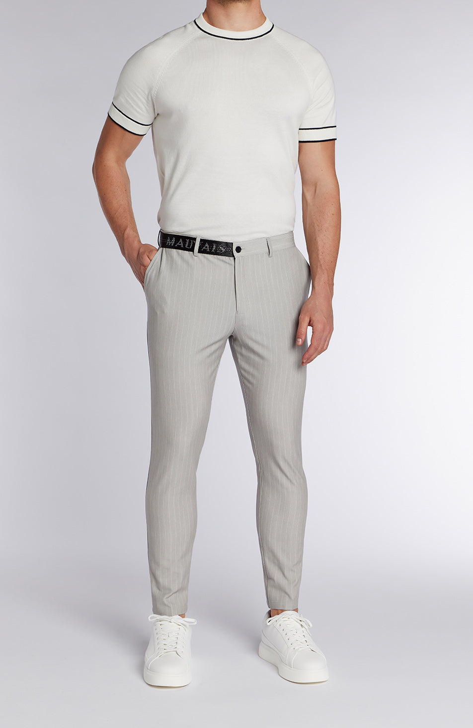 Signature Half Belt Trousers in Grey Pinstripe