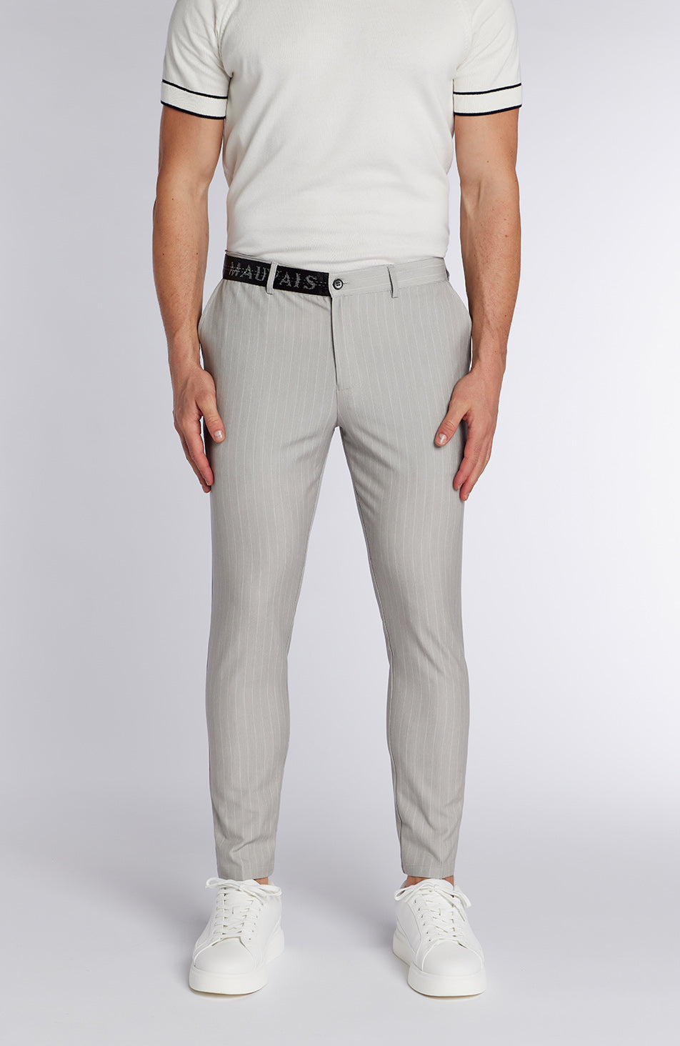 Signature Half Belt Trousers in Grey Pinstripe