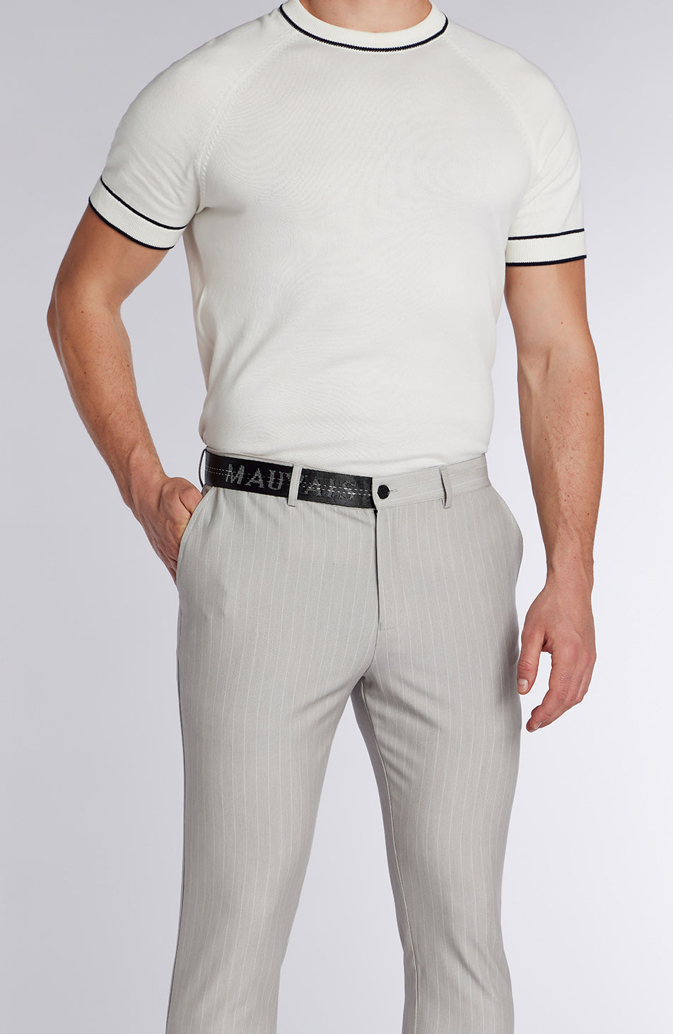 Signature Half Belt Trousers in Grey Pinstripe