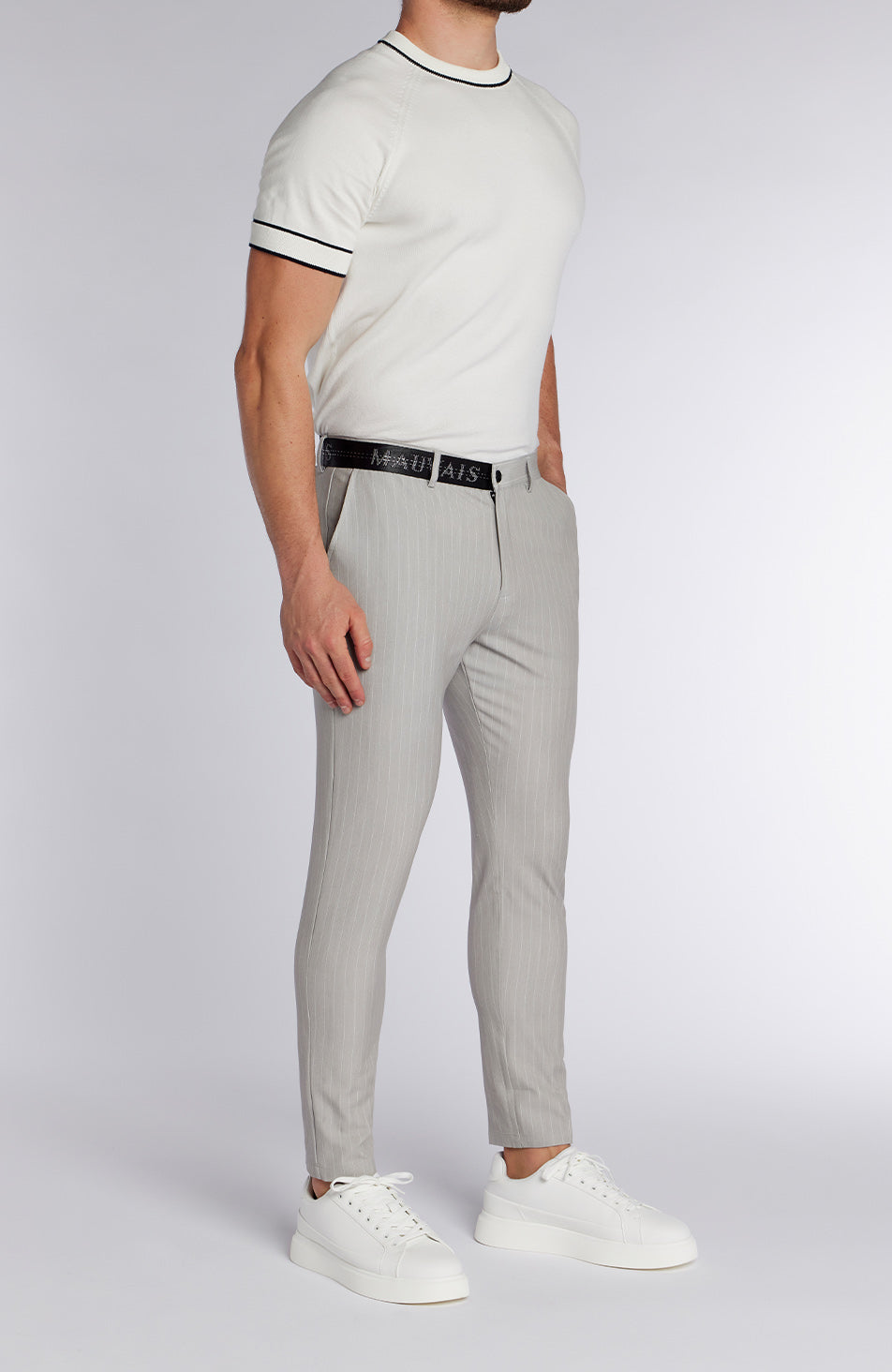 Signature Half Belt Trousers in Grey Pinstripe