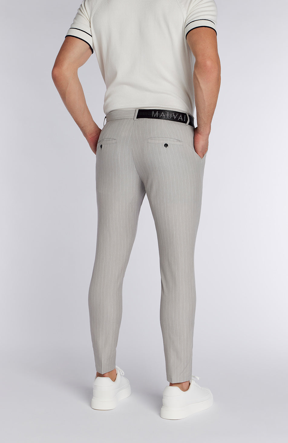 Signature Half Belt Trousers in Grey Pinstripe