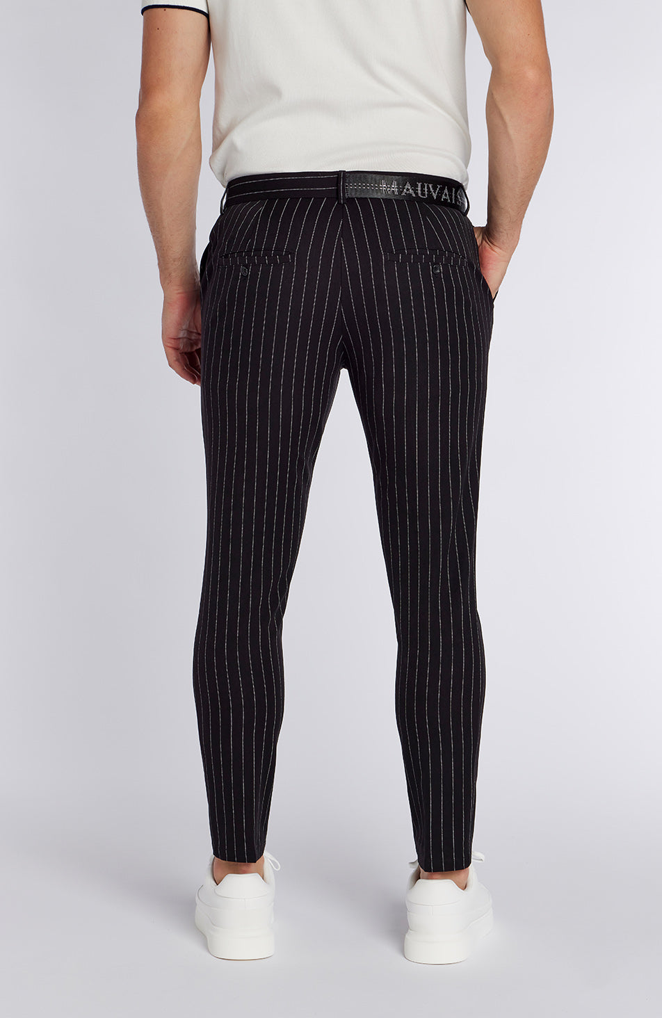 Signature Half Belt Trousers in Black Pinstripe