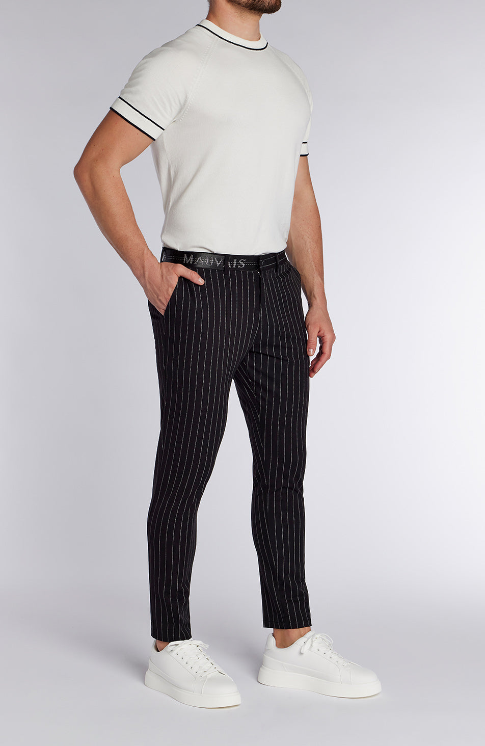 Signature Half Belt Trousers in Black Pinstripe