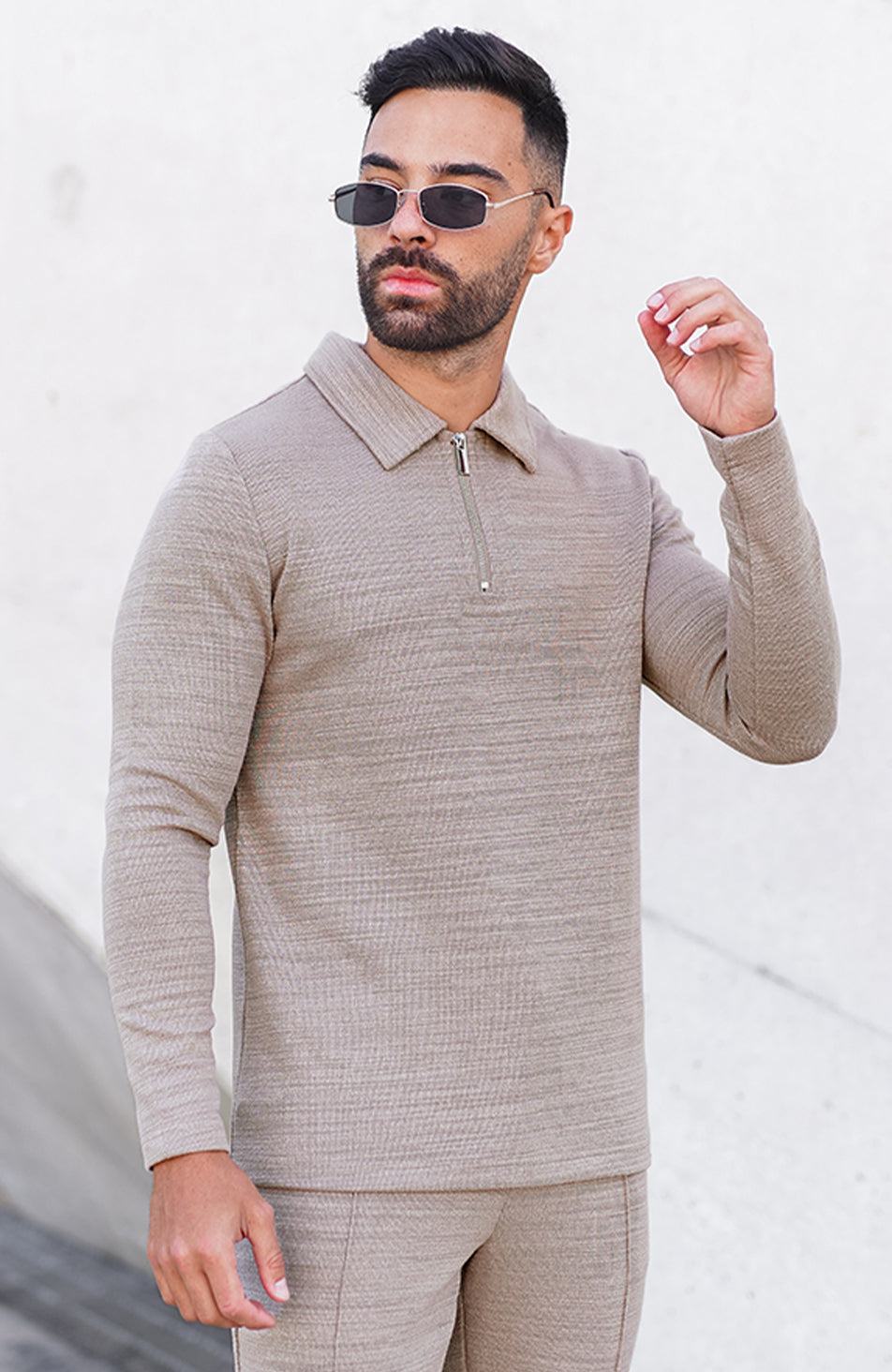 Premium Texture Long Sleeve Polo in Taupe