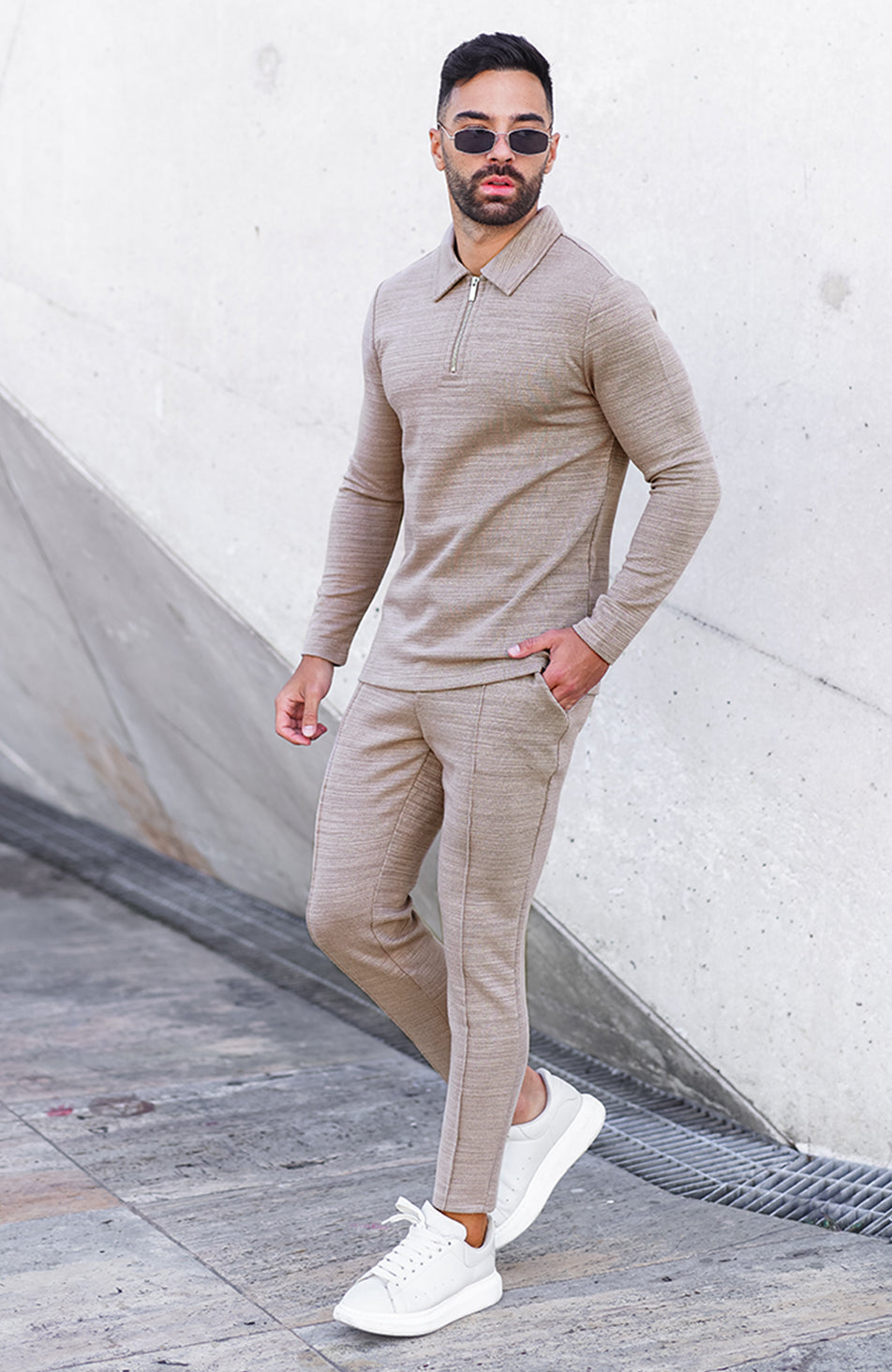 Premium Texture Long Sleeve Polo in Taupe