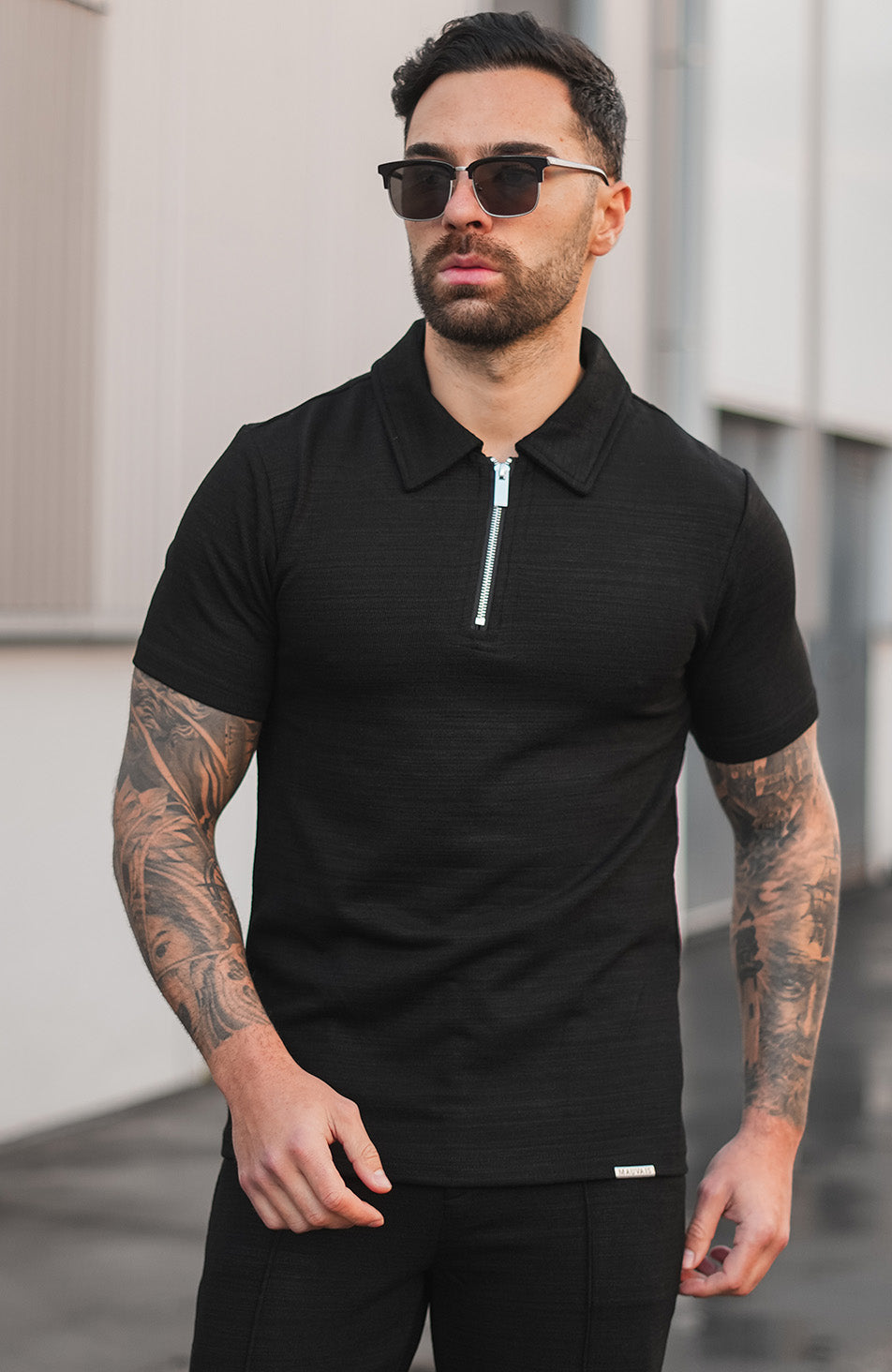 Premium Texture Zip Polo in Black