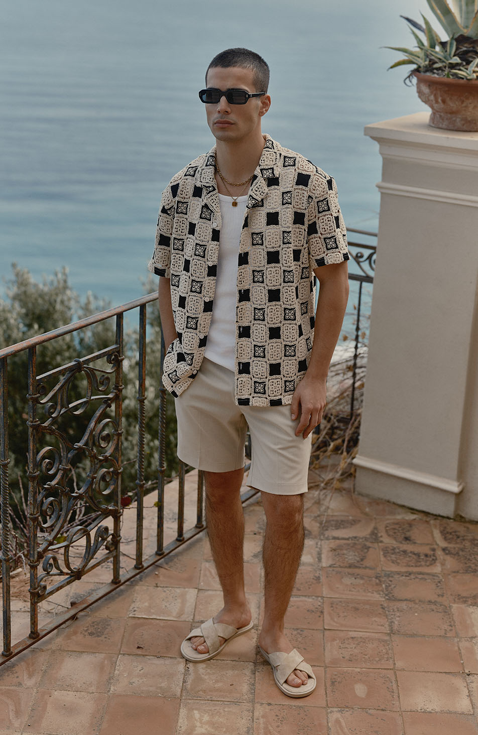 Bellagio Relaxed Checked Crochet Shirt in Black