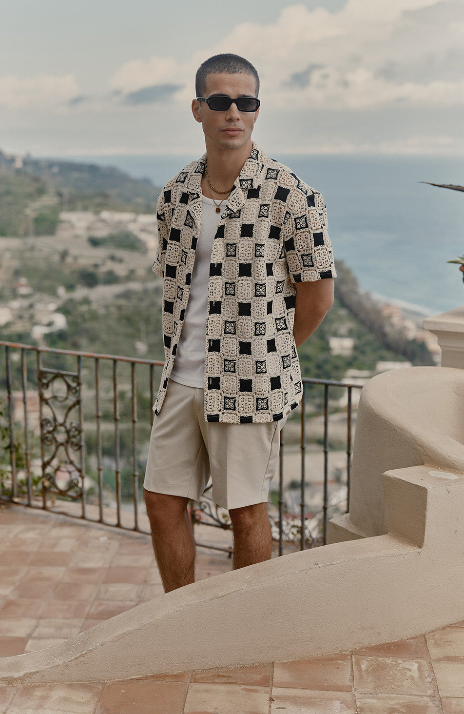 Bellagio Relaxed Checked Crochet Shirt in Black