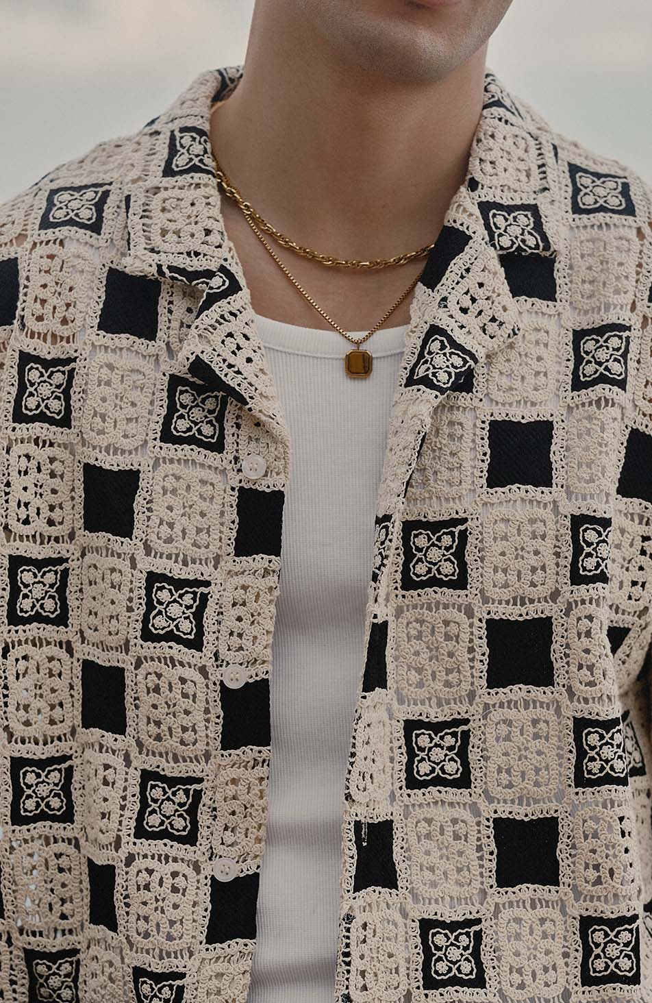 Bellagio Relaxed Checked Crochet Shirt in Black