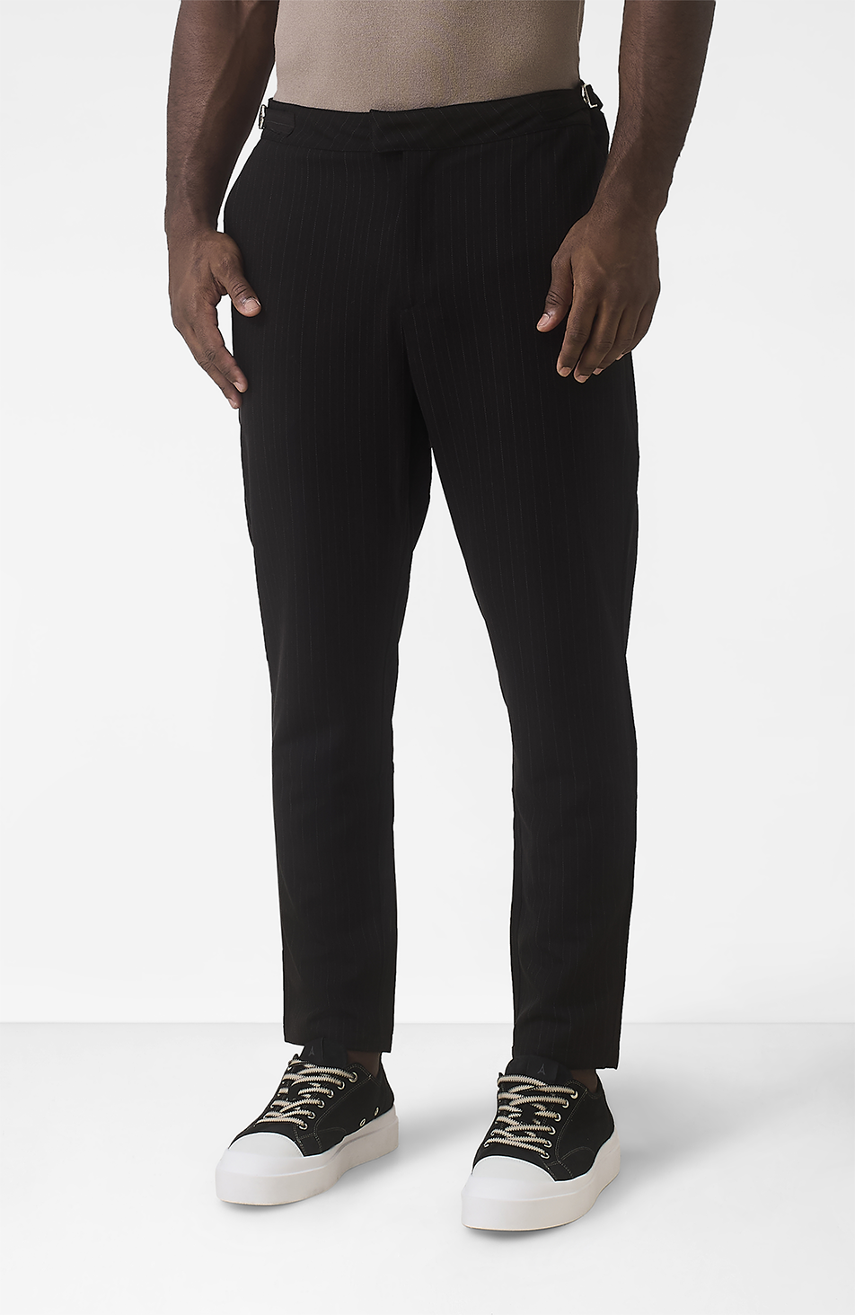 Savile Slim Pinstripe Chino Trousers in Black