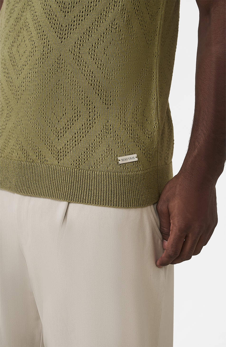 Chalbi Slim Fit Knit Pointelle Zip Polo in Green