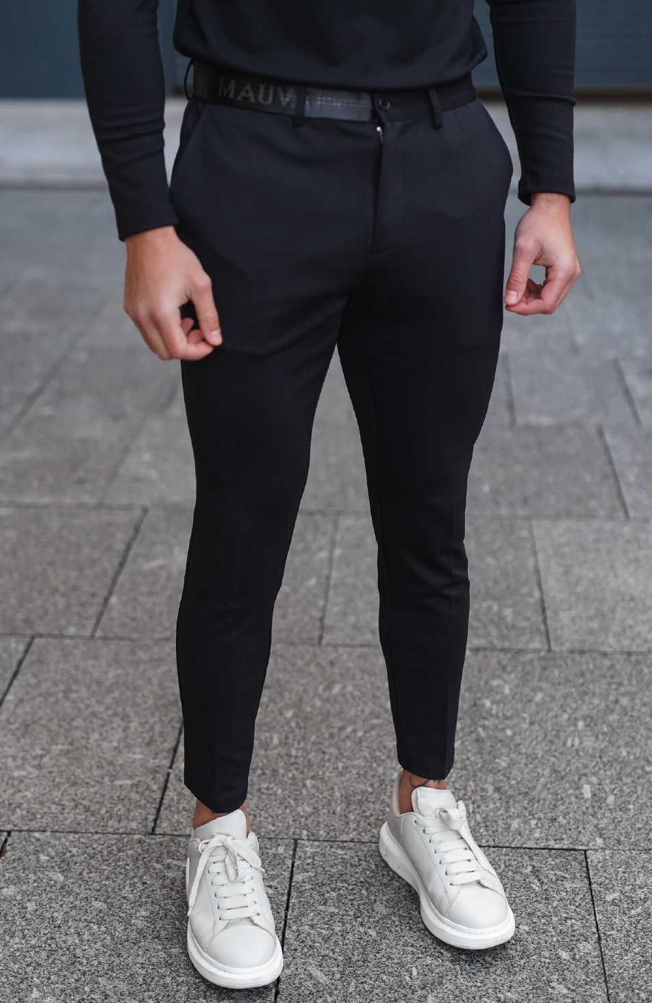 Tonal Half Belt Trousers in Black