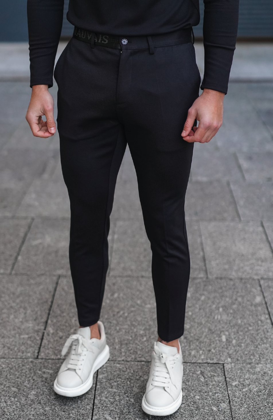 Tonal Half Belt Trousers in Black
