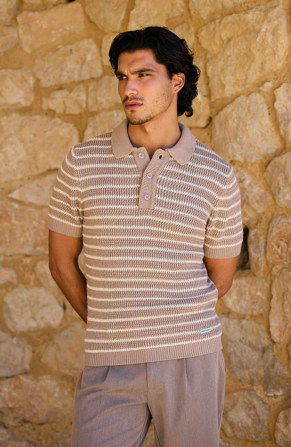 Fontelina Button Placket Knit Stripe Polo in Beige