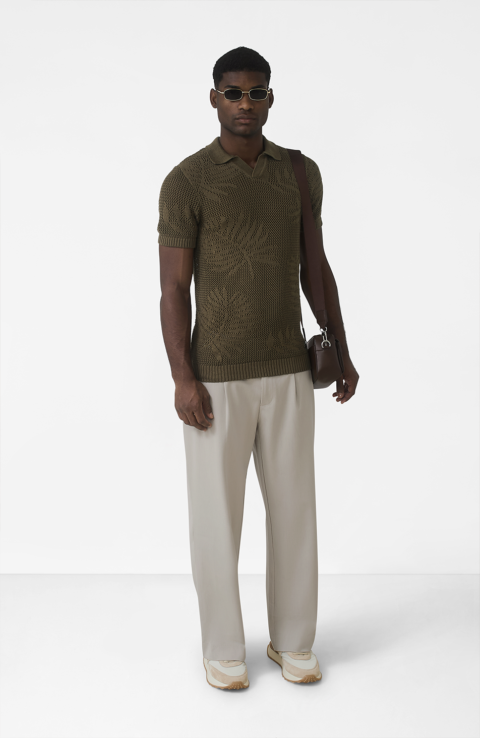 Tropics Relaxed Fit Crochet Knit Polo in Green