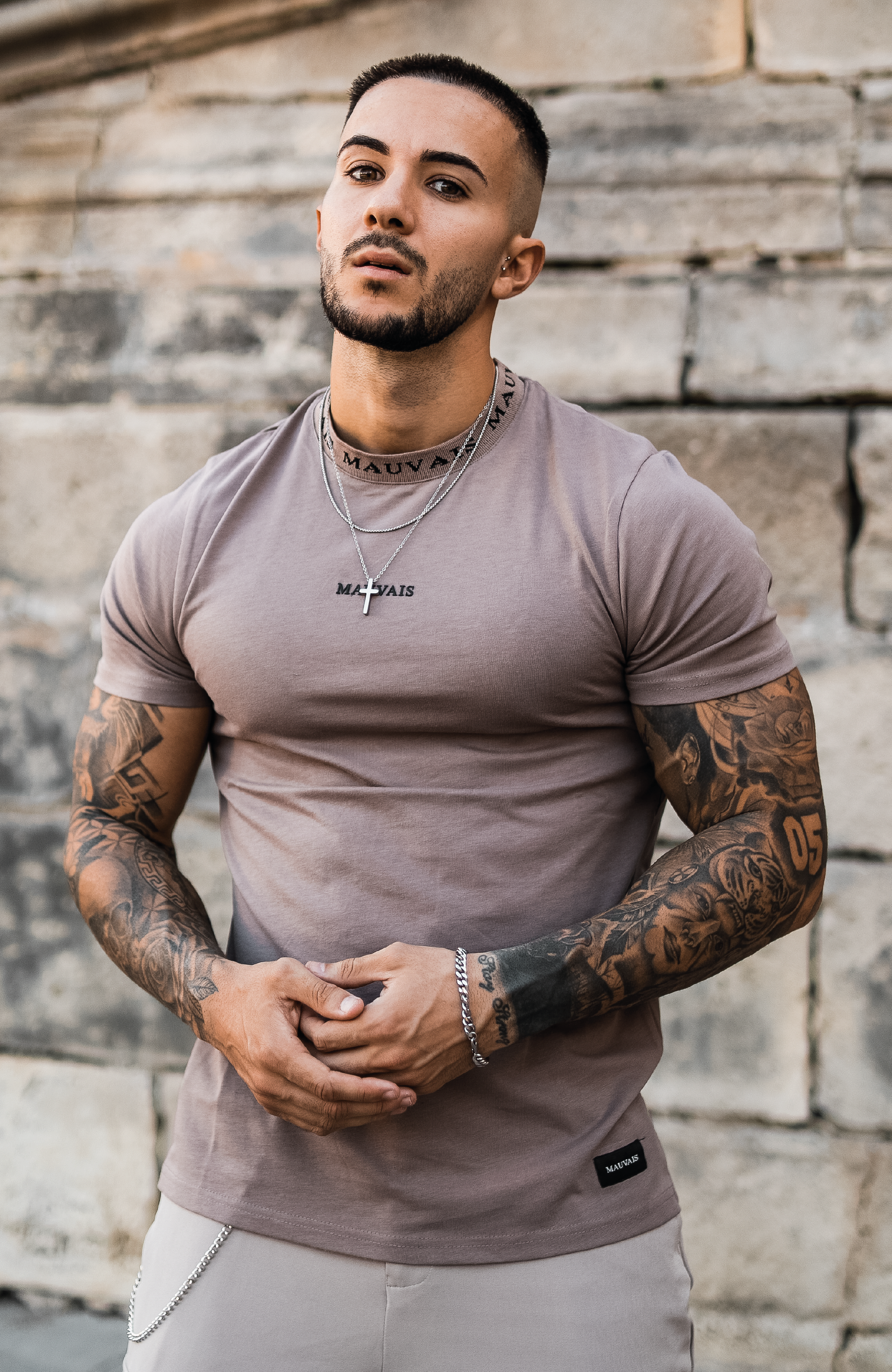 Neck Tape T-shirt in Taupe