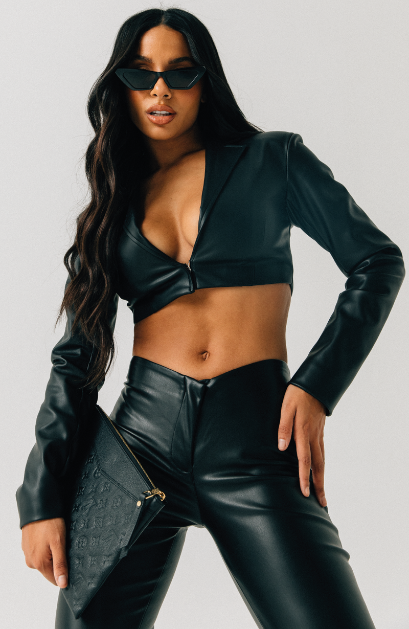 Womens Sophia Faux Leather Cropped Blazer in Black