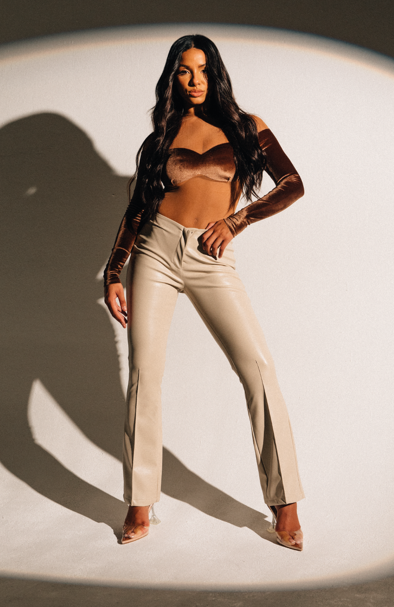 Womens Sophia Faux Leather V-Front Trousers in Oatmeal