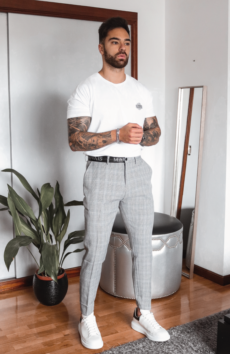 Slim Check Trousers with Half Belt in Grey
