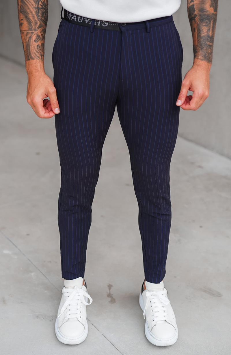 Navy Woven Pinstripe High Waist Wide Leg Trousers  PrettyLittleThing